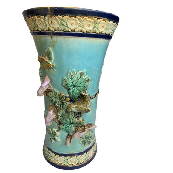 Antique Majolica Holdcroft Vase Wren Calla Lilies Cracks Chips 10.5" - Picture 2 of 8